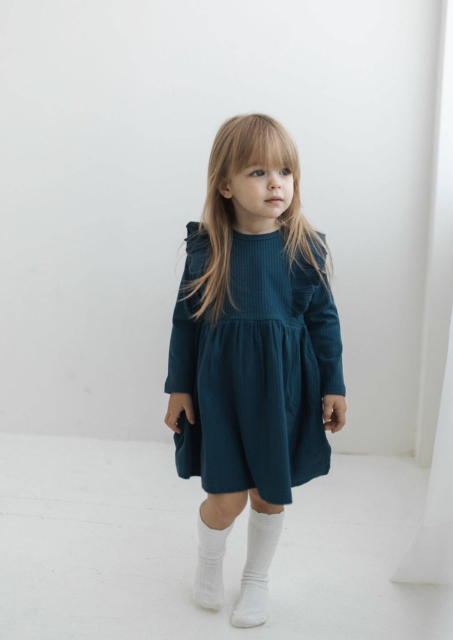 Ribbed Flutter Dress Organic Cotton | Navy