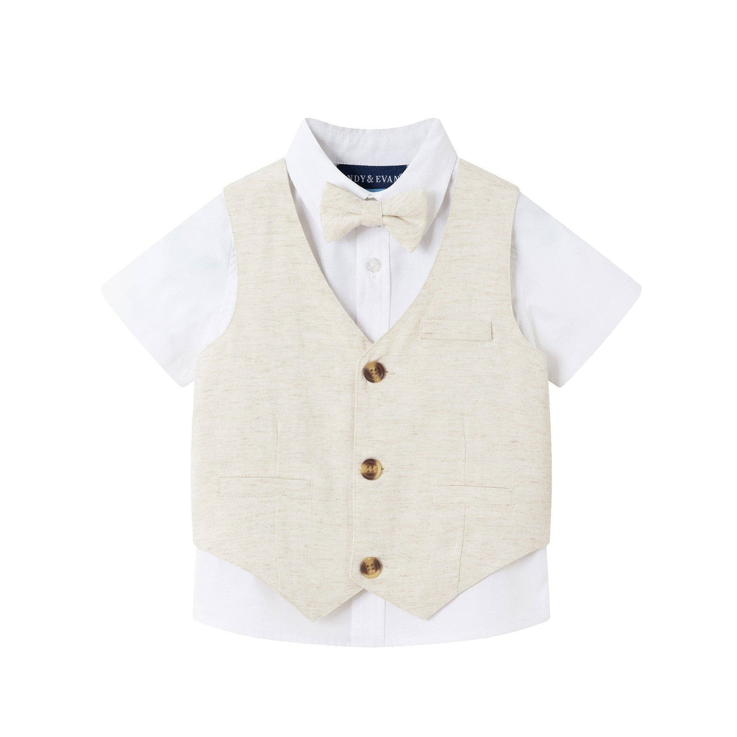 Short Sleeve Buttondown Bowtie Vest Set | Beige