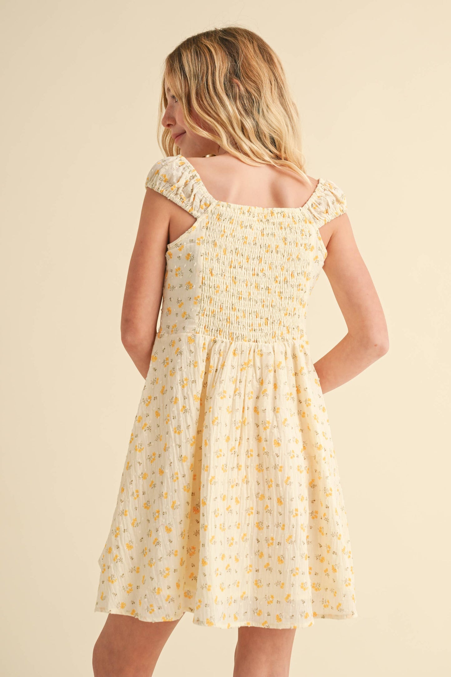 Yellow Floral Dress with Ruched Shoulder