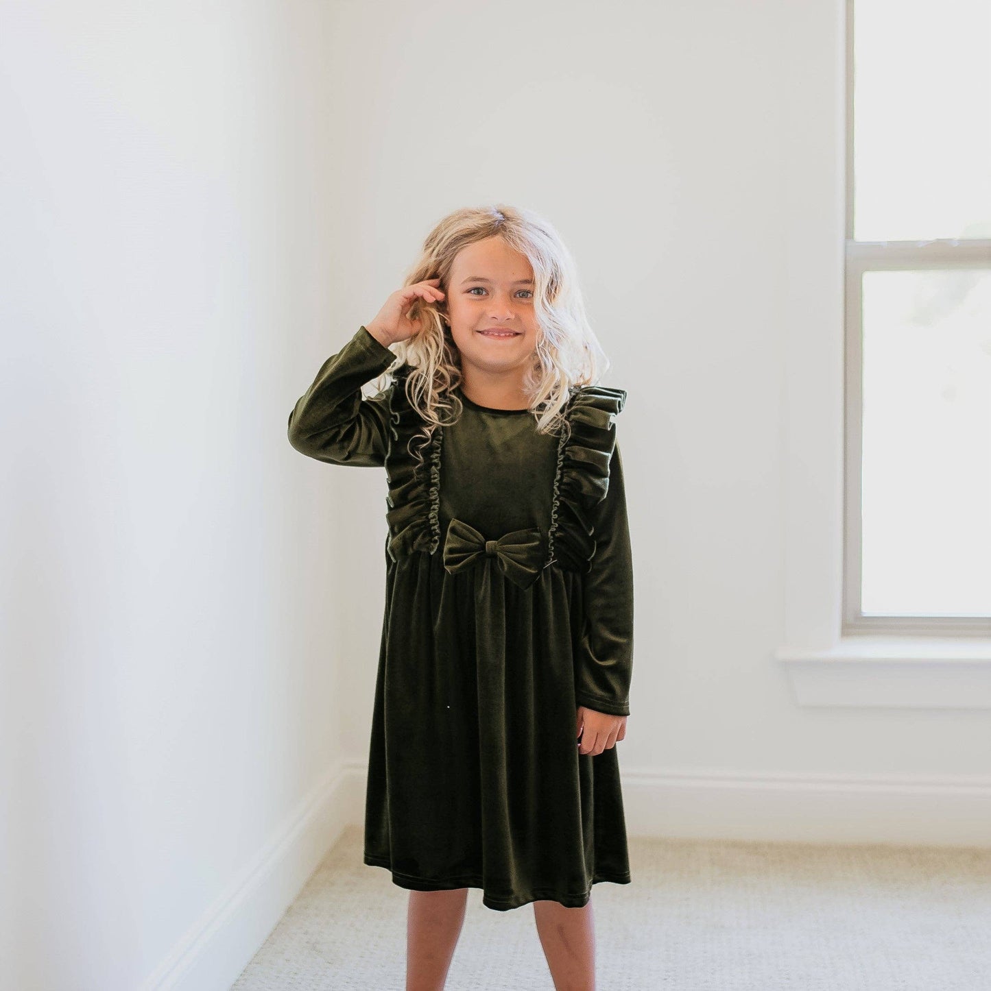 Moss Velvet Bow Ruffle Dress