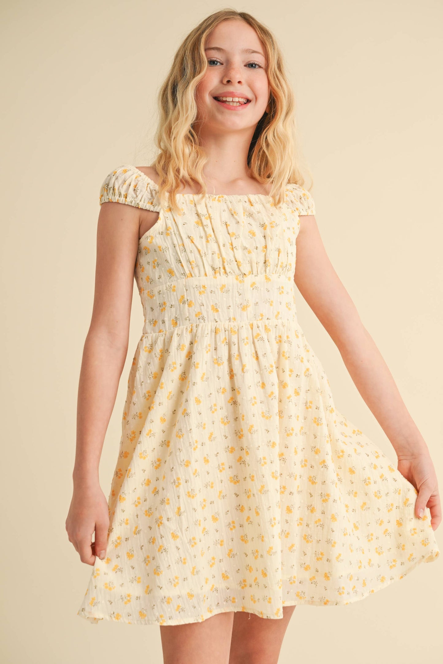 Yellow Floral Dress with Ruched Shoulder
