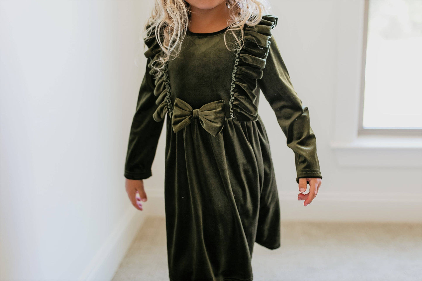 Moss Velvet Bow Ruffle Dress