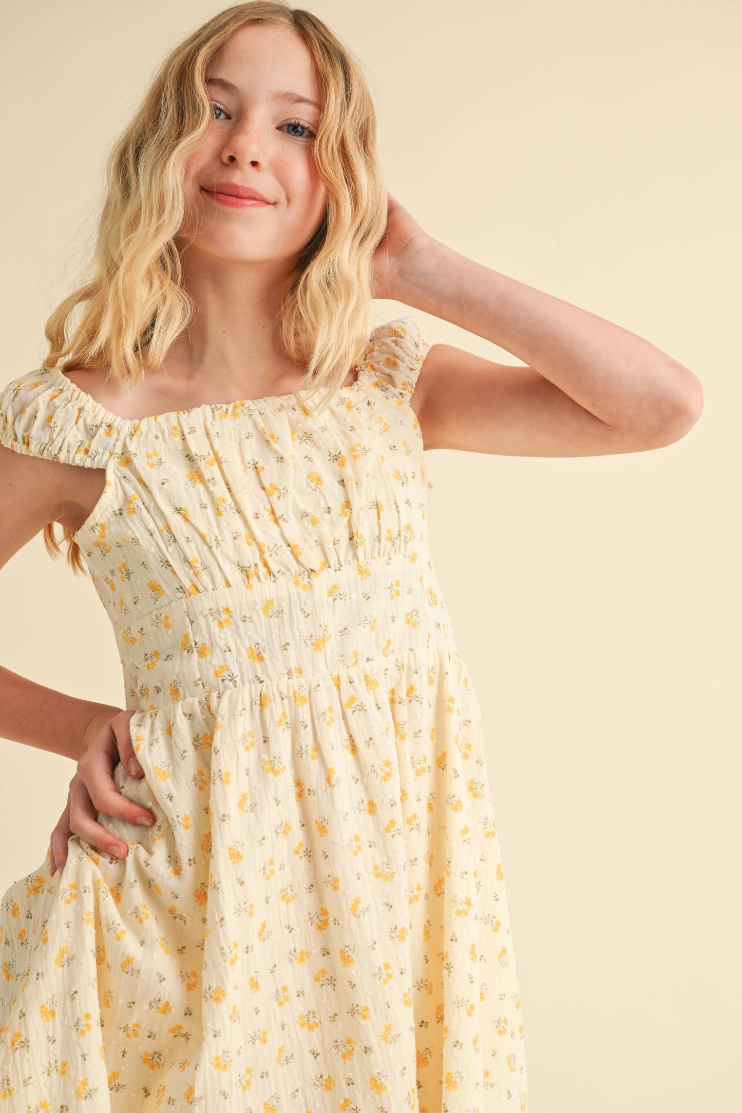 Yellow Floral Dress with Ruched Shoulder