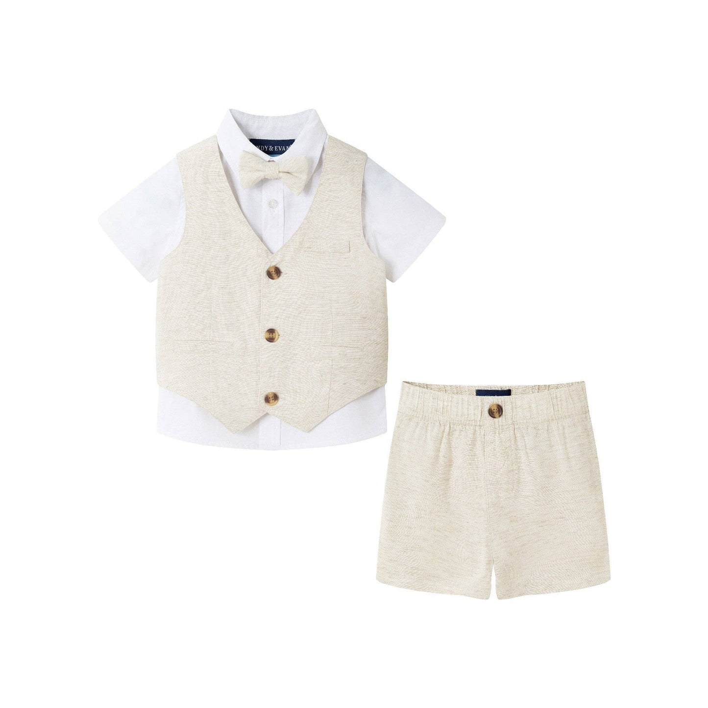Short Sleeve Buttondown Bowtie Vest Set | Beige