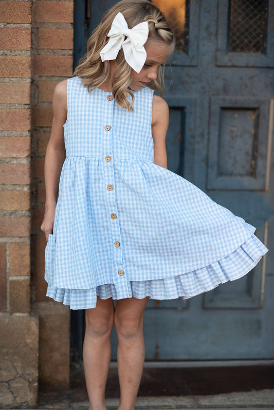 Blue & White Gingham Ruffle Dress