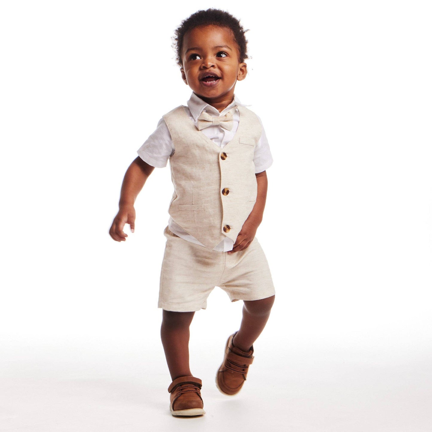 Short Sleeve Buttondown Bowtie Vest Set | Beige