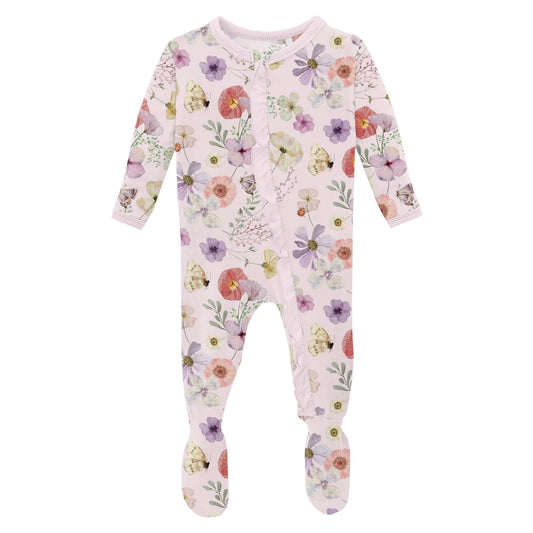 Violet Pressed Flowers Ruffle Footie