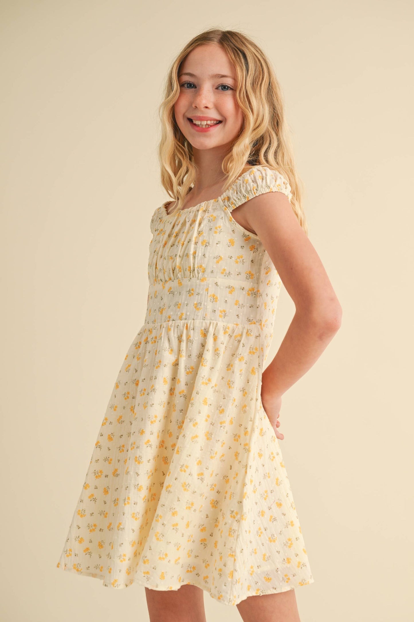 Yellow Floral Dress with Ruched Shoulder