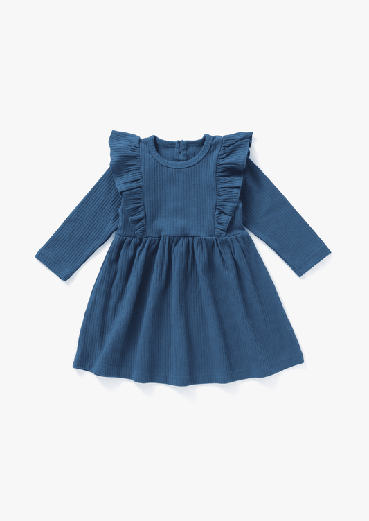 Ribbed Flutter Dress Organic Cotton | Navy