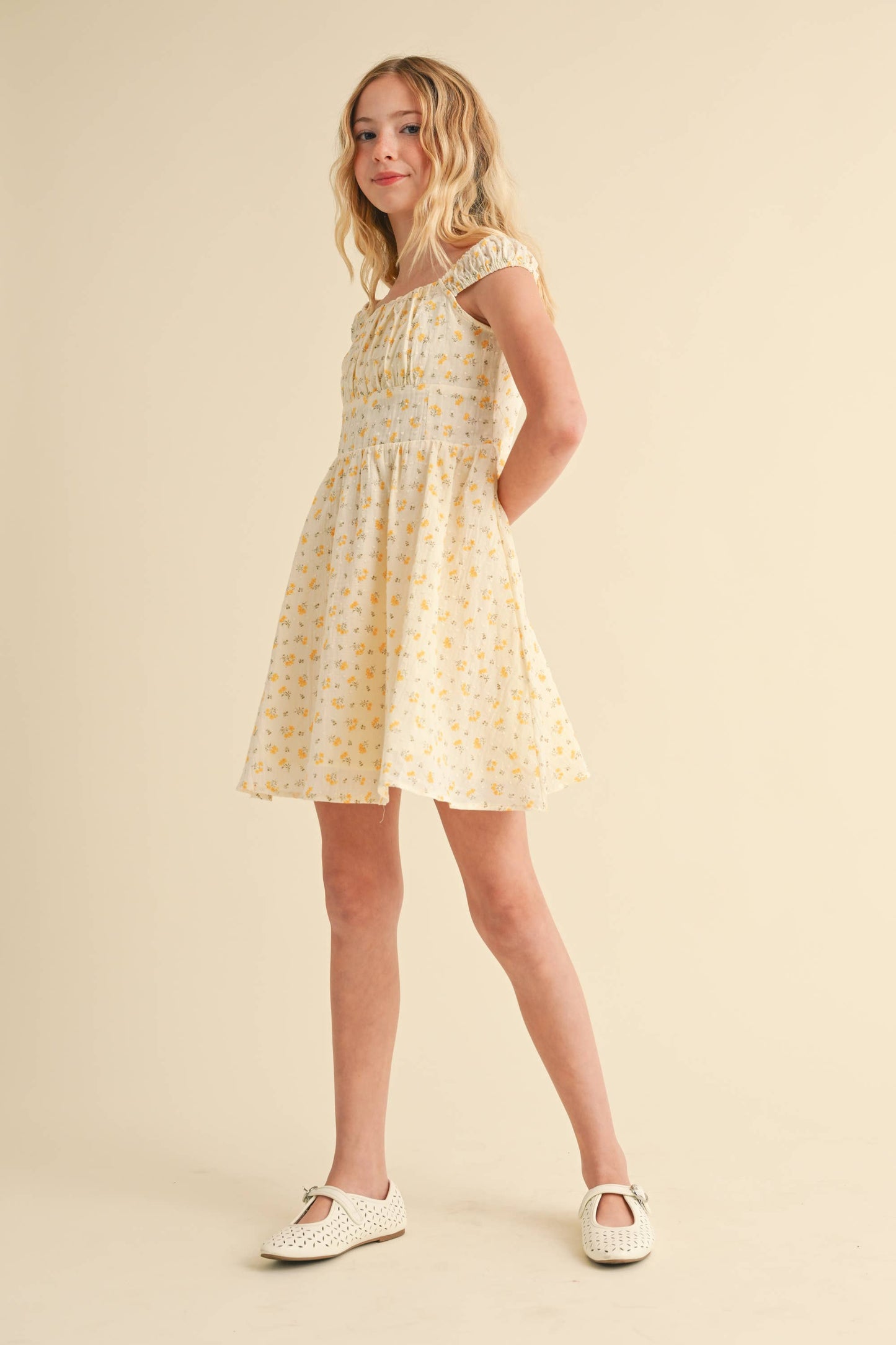 Yellow Floral Dress with Ruched Shoulder