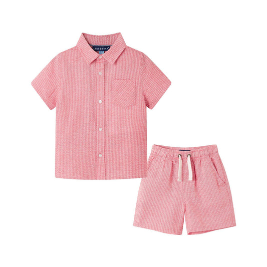Short Sleeve Short Set | Coral Seersucker