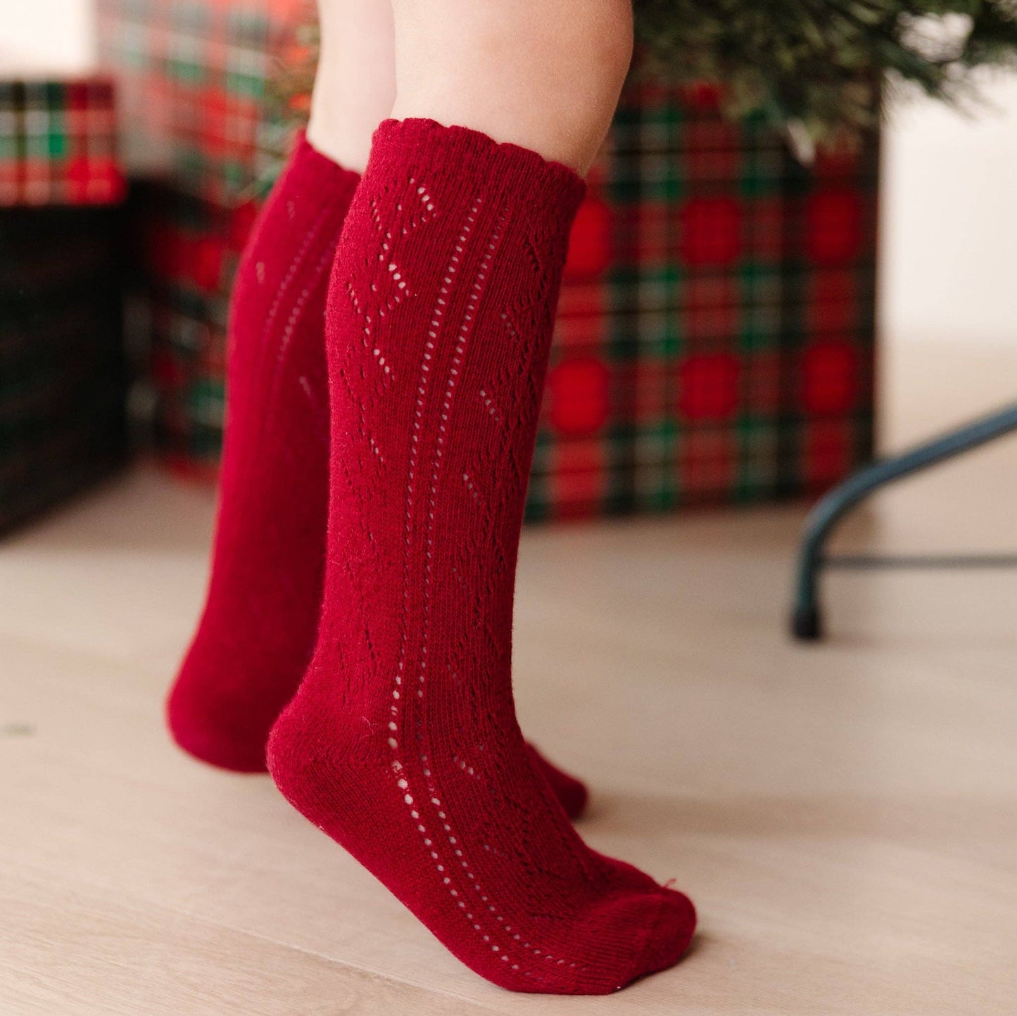 Scalloped Crimson Knee High Socks
