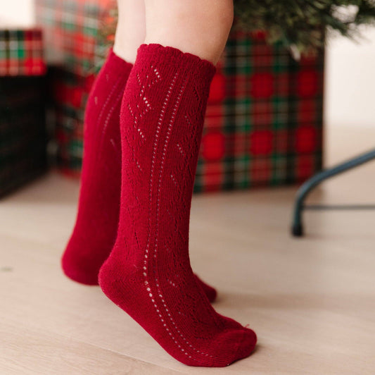 Scalloped Crimson Knee High Socks