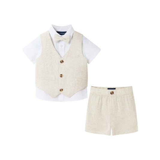 Short Sleeve Buttondown Bowtie Vest Set | Beige