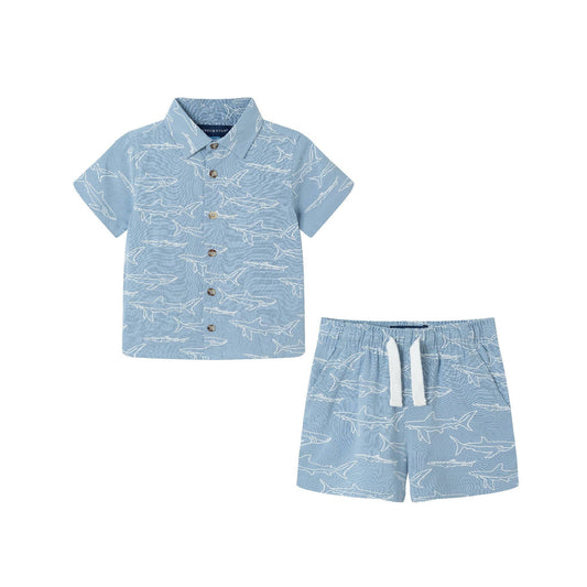 Shark Print Buttondown Set | Blue