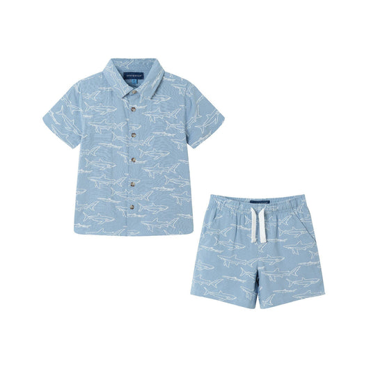 Shark Print Buttondown Set | Blue