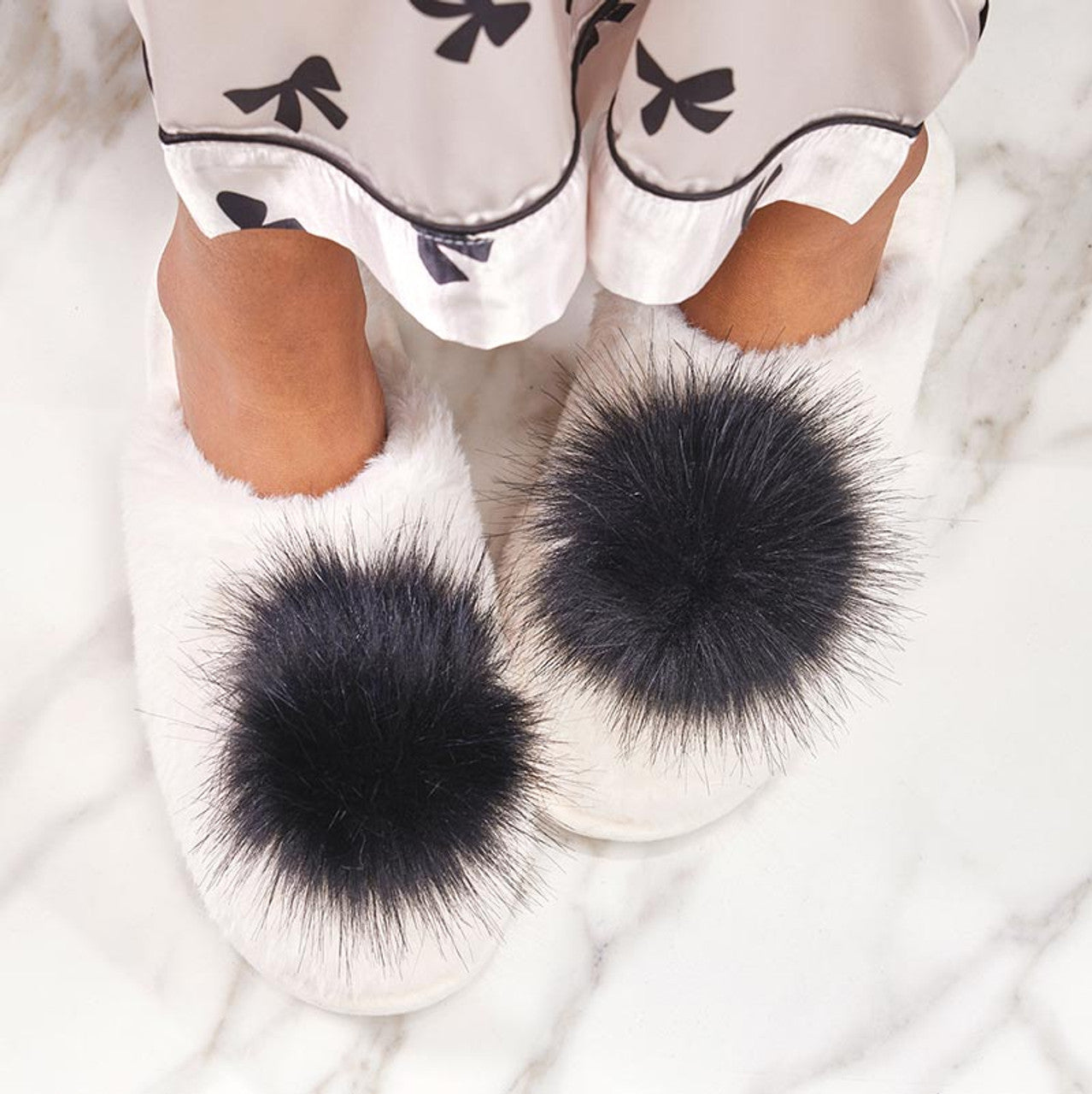 Plush Slippers with PomPoms