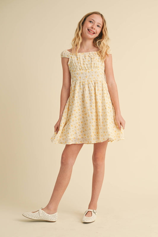 Yellow Floral Dress with Ruched Shoulder
