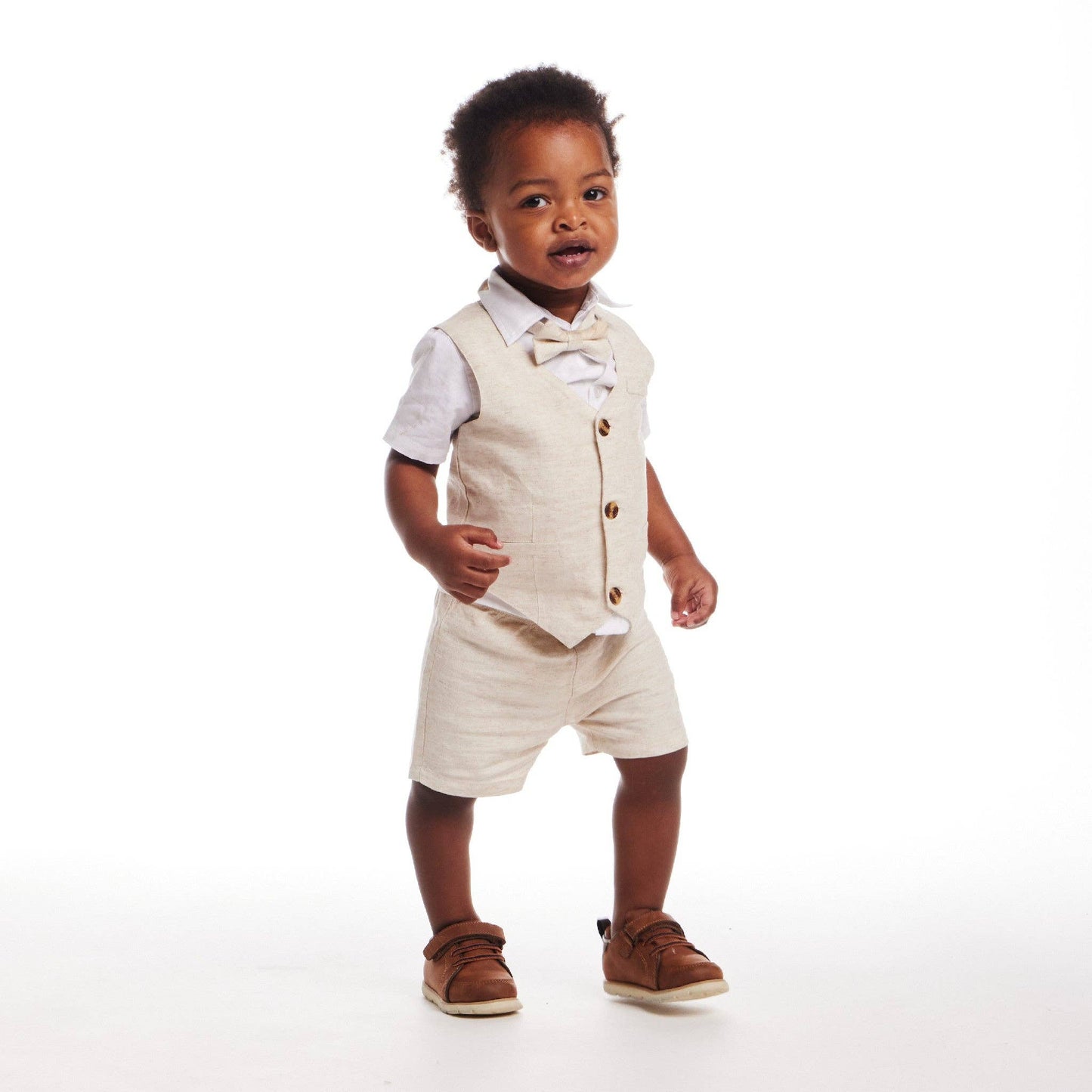Short Sleeve Buttondown Bowtie Vest Set | Beige